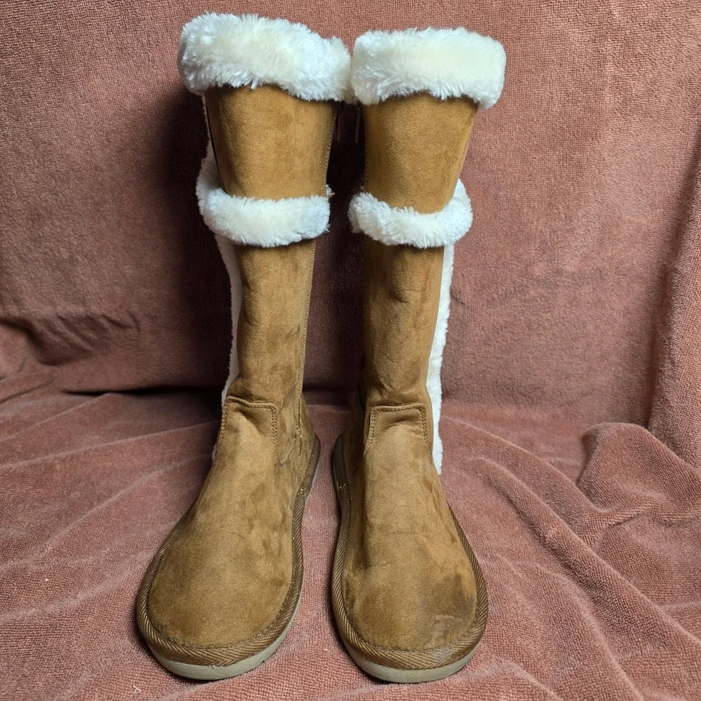 Michael Kors Womens Brown Faux Fur Trim Tall Winter Boots Cognac Suede Zip Up